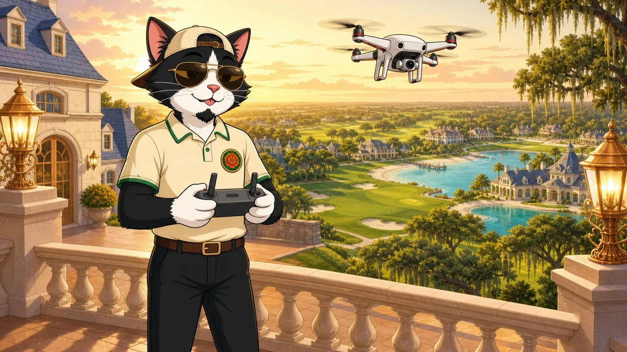 Mr. Reginald Ridge flying a drone from the clubhouse roof terrace over the estate